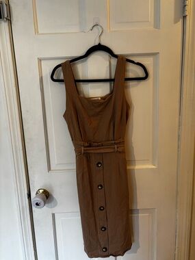 Monteau Khaki  linen blend Sleeveless Button-Front Midi Dress with Waist Tie